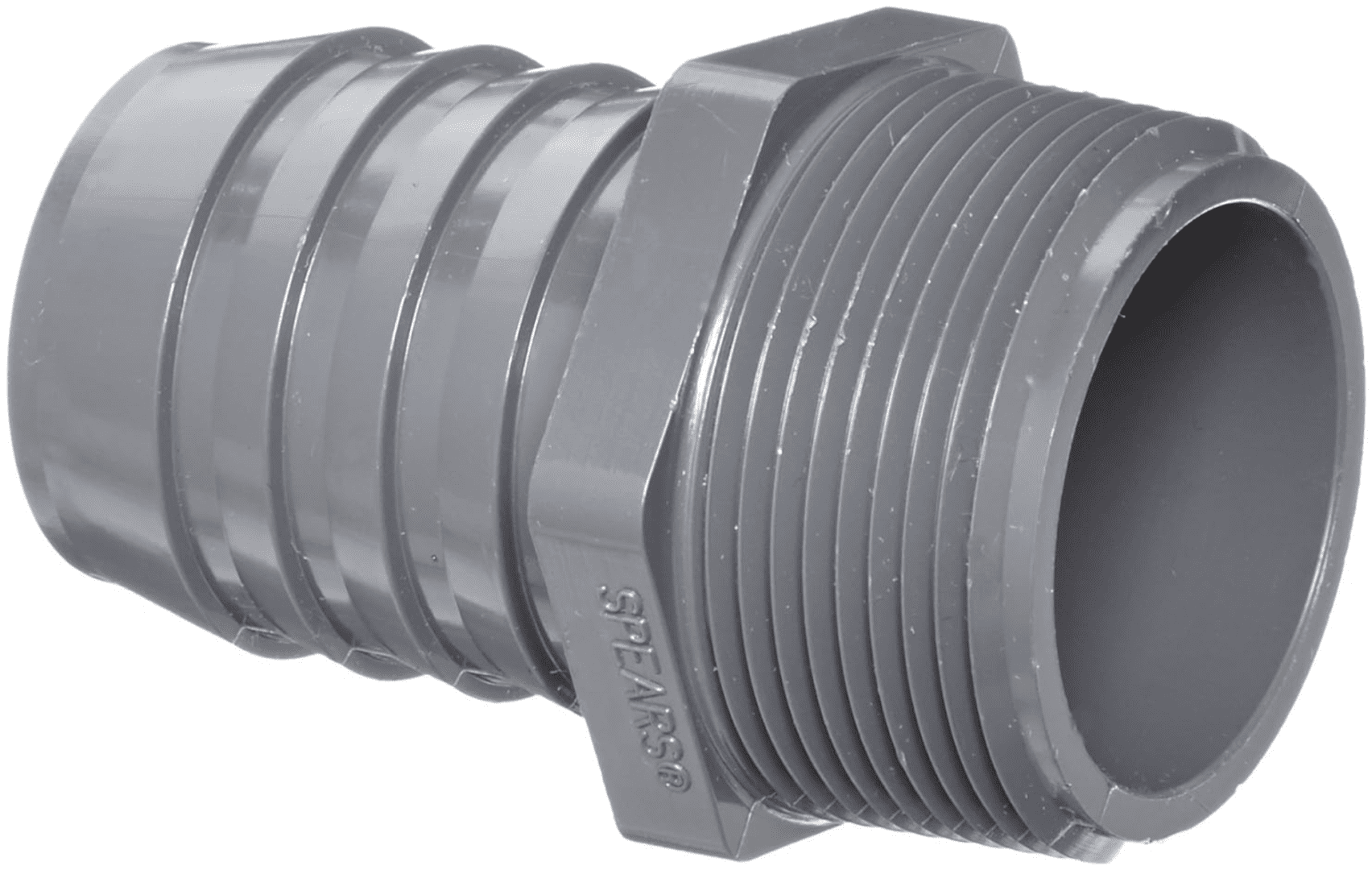 A gray plastic fitting for a pipe.